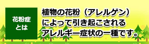 花粉症とは、植物の花粉（アレルゲン）によって引き起こされるアレルギー症状の一種です。 